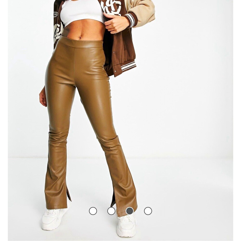 Topshop faux leather flared pant with split hem in brown size 6 high waisted